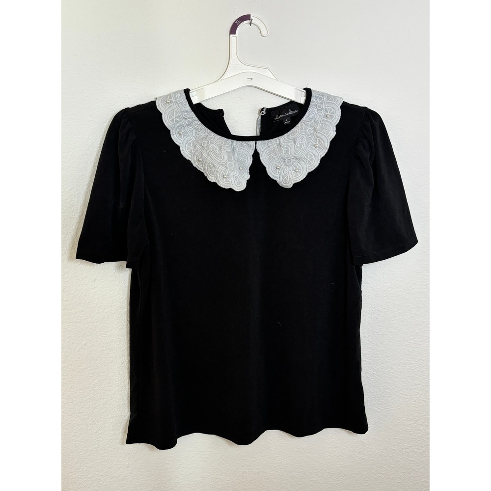 Alison Andrews Black Short Sleeve Top White Lace Peter Pan Collar Pearl Bead L